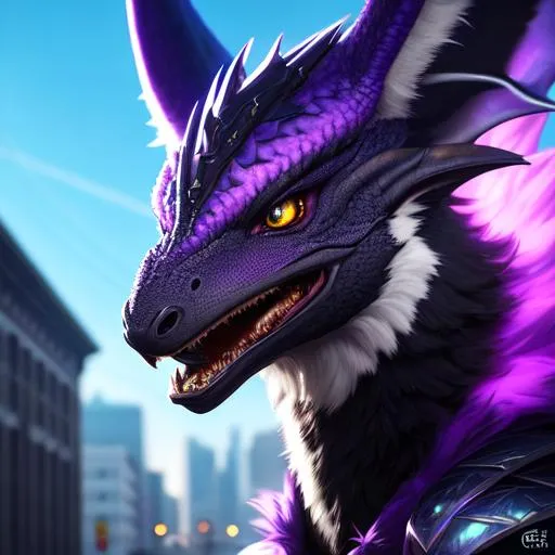 Prompt: Portrait of an anthro wyvern with striking purple fur and iridescent black markings and a cute face, liminal space streets, perfect composition, hyperrealistic, super detailed, 8k, high quality, trending art, trending on artstation, sharp focus, studio photo, intricate details, highly detailed, by greg rutkowski