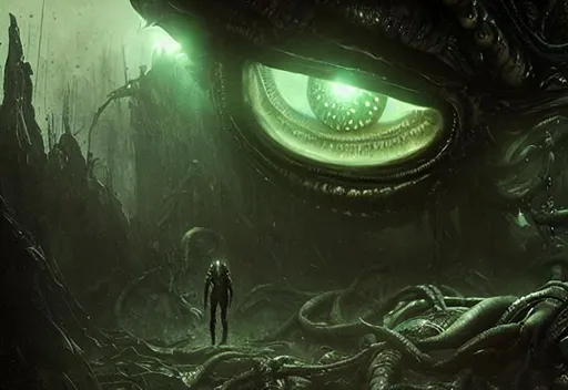 Prompt: dark fantasy, lovecraft horror, alien squid human hybrid, glowing eyes, giant, 4k, sharp focus, studio photo, intricate details, highly detailed, by greg rutkowski, overgrown post apocalyptic, 
