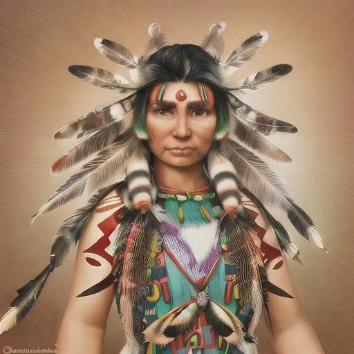 Prompt: Ojibwe warrior lady, Ogichidaawi,  Ogichidaa,  MI, detailed, aanji-bimaadizi, colorful, feathers, shells, award-winning CGI