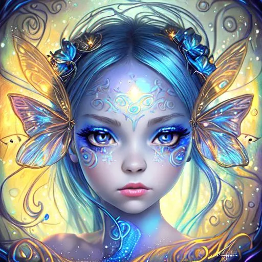 Prompt: Insanely_detailed blue hue glowing Fairy portrait by Jasmine Becket-Griffith. Glowing golden fireflies and swirly liquid metal paint ! 16k HDR Perfect composition, award winning details. natural eyes. concept art, deviant art