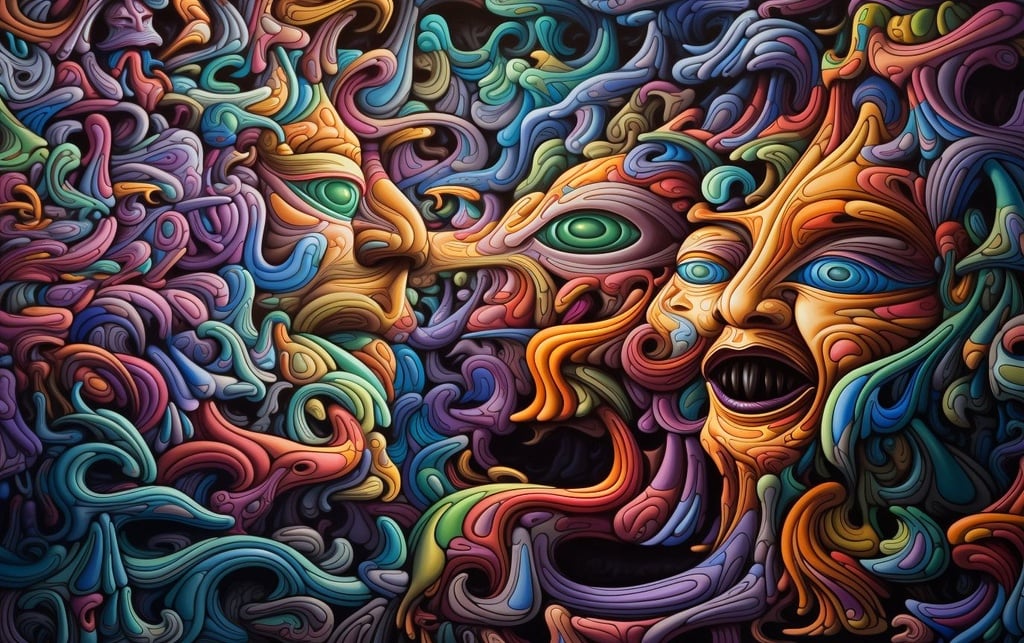 Prompt: an image of a colorful psychedelic pattern with many colorful figures, in the style of mark henson, fluid photography, ivan fedorovich choultse, anamorphic art, focus stacking, aries moross, mixes realistic and fantastical elements
