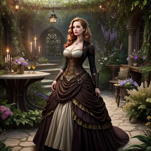 Prompt: ((Breathtaking)) ((cinematic)) ((High quality)) ((photorealistic full-body)) splash art, woman, female, fantasy, wallpaper, steampunk, diesel punk, portrait of prim and proper affluent ((inventor)), fantasy, Christina Hendricks crossed with Natalie Portman, historical romance, wearing regency dress, dnd character in an epic secret garden with ((her workshop visible)) in the distance by Bastien L. Deharme and Antonio J. Manzanedo, Epic Matt painting background by Keith Parkinson, slight genuine smile, smirk, wealthy, pale skin, Crisp, Pinterest, model, Portrait, Maid of Honor, cute online profile picture, senior photo, ((full body)) {{good looking}} {{cute}} {{good body}} {{tight}}, {{shadows}},