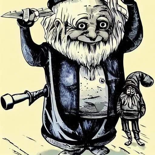 Toymaker, old gnome, Evil, scary, holding a knife, s...