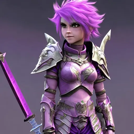 Prompt: Pixie with purple skin and pink hair, in armor with a sword