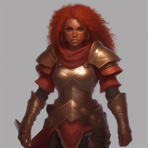 Prompt: dnd a dwarvern woman with red fiery curly hair with dark tan skin wearing bronze armor