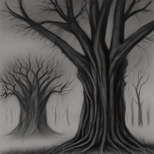Prompt: spooky trees with evil faces Gothic Charcoal sketch
