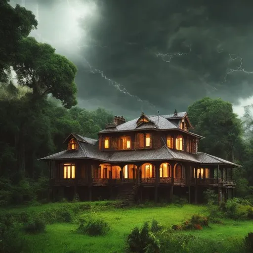 Prompt: a fine house in the middle of a forest with rain clouds
