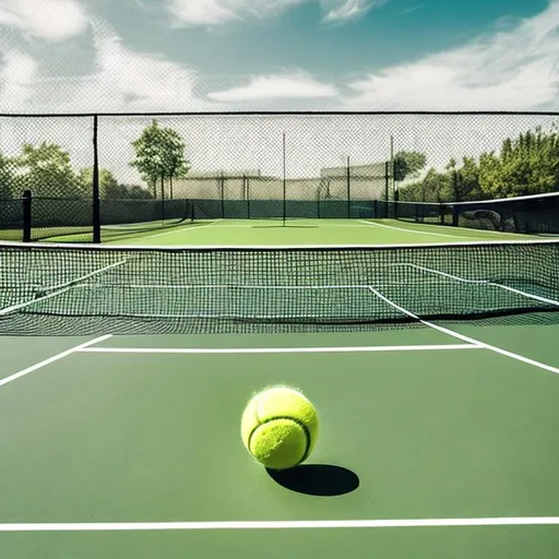 Prompt: A Tennis ball in front of a tennis court with the words "The Stories of Tennis" as a text