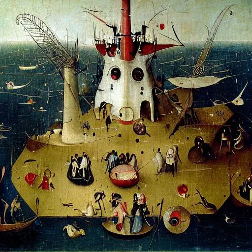 Prompt: Hieronymus Bosch painting of three mile island disaster