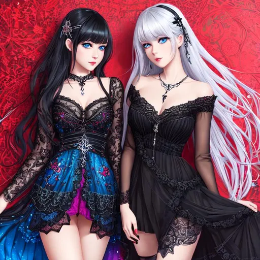 Prompt: 2 beautiful girls,

(first girl: silver hair, lace necklace, blue eyes, cheerful, gothic red and black lace dress, full body, leg visible, colorful, realistic art, clean art, inspired by wlop)

(second girl: black hair, blue eyes, happy, full body, leg visible, colorful, realistic art, clean art, inspired by wlop),

medieval bed room, rounded bed, window, moonlight, dark sky, colorful glowing stars, beautiful night painting, red pillow, red carpet