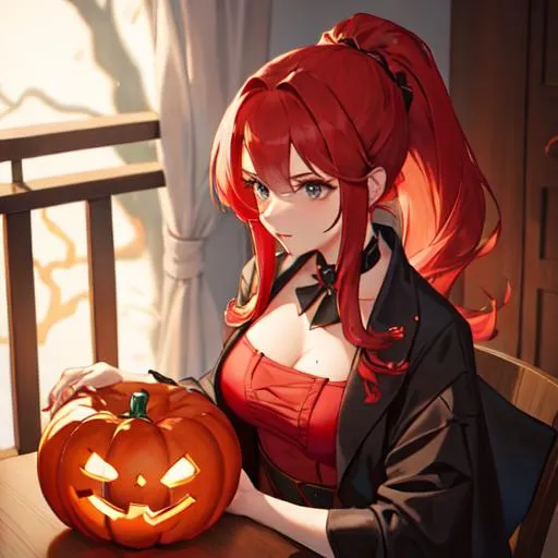 Prompt: Haley with bright red hair pulled back, Halloween, dressed up as a witch