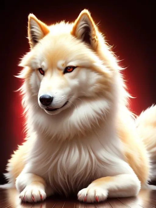 Prompt: 8k, 3D, UHD, masterpiece, oil painting, best quality, artstation, hyper realistic, perfect composition, zoomed out view of character, Portrait of a (beautiful Ninetales), {canine quadruped}, thick glistening gold-white fur, deep sinister {crimson eyes}, ageless, lives a thousand years, wearing a beautiful (silky scarlet and gold scarf), thick white mane with fluffy golden crest, golden fur lighlights, studio lighting, animated, sharp focus, intricately detailed fur, sharp detailed eyes, beautifully detailed face, highly detailed starry sky with pastel pink clouds, ambient golden light, nine beautiful tails with pale orange tips, insanely beautiful, symmetric, sharp focus, professional, unreal engine, high octane render, highly detailed mouth, Yuino Chiri