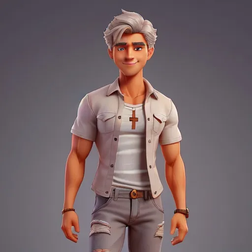 Prompt: gorgeous older male model, tan skin, short white hair, defined shredded musculature, broad shoulders, short-sleeve button-up shirt, tight jean pants, sultry romantic smile, intricate detail, best quality, uhd, 8k, center frame, professional lighting, detailed facial features