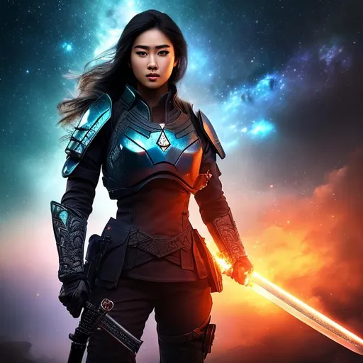 Prompt: create a photograph of beautiful fictional female soldier with sword in hand, extremely, detailed environment, nebulae in sky highly detailed, detailed background, intricate, detailed skin, natural colors , professionally color graded, photorealism, 8k, moody lighting


