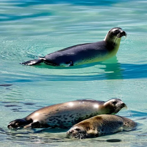 Prompt: A seal laying down in a pool of water together with 2 other seals