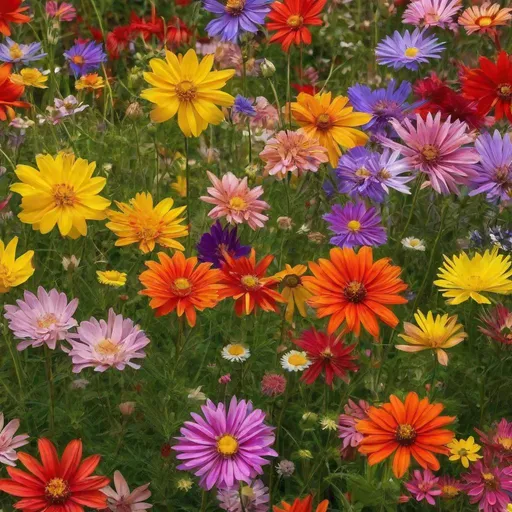 Prompt: flower field, wild, lots of different types of flowers