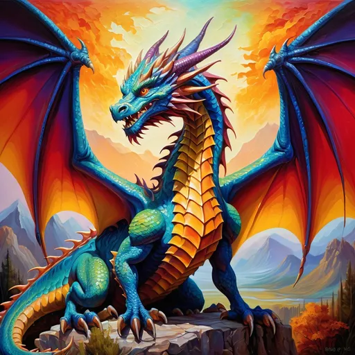 Prompt: Vibrant oil painting of a mystical dragon, rich and textured brushstrokes, majestic wingspan, fierce gaze with piercing eyes, scales shimmering in the sunlight, sprawling fantasy landscape, epic and majestic, oil painting, fantasy, vibrant color palette, textured details, high quality, majestic dragon, mystical, epic fantasy, vibrant colors, detailed wings, professional lighting