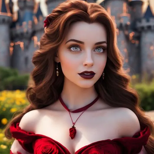 Prompt: professional photo disney belle as live action human woman hd hyper realistic beautiful brunette hair light skin brown eyes beautiful face yellow ballgown enchanting
gothic castle hd background with live action realistic red roses