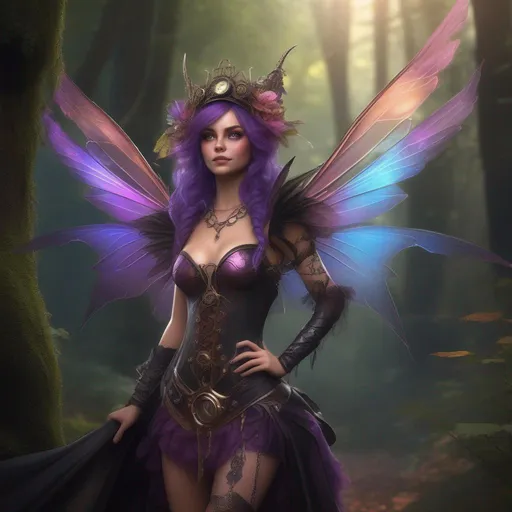 Prompt: Epic. Cinematic. Shes a (colorful), Steam Punk, gothic, witch. ((spectacular)), Winged fairy, with a skimpy, ((colorful)), gossamer, flowing outfit, standing in a forest by a village. ((Wide angle)). Detailed Illustration. 8k.  Full body in shot. (Hyper real painting). Photo real. A ((beautiful)), shapely, woman with ((anatomically real hands)), and ((vivid)) colorful, ((bright)) eyes. A ((pristine)) Halloween night. (Concept style art). 