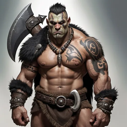 Prompt: Muscular Half-Orc Barbarian with black mohawk haircut and a huge  bear tribal tattoo on his right shoulder. Wears a bear-skin cloak and a bear-claw necklace. Holding a massive double-headed axe