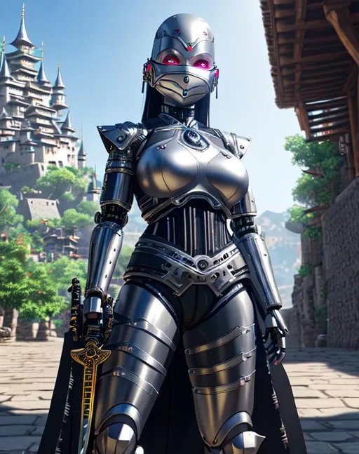 Prompt: Full body portrait, ((Bald latino andriod girl holding sheathed katana)), (in castle village background)) silver metal skin, cybernetic warrior, cyborg, beautiful, robot, ninja kimono Artifact gear, dramatic, metal skin, cinematic lighting, caustic,metal face mask, ((tribal village background)), cybernetic ninja metal mask covering mouth, sleeveless, metal face, metal cybernetic face mask, ethereal, royal vibe, highly detailed, Keanu Reeves in background, digital painting, b cup, Trending on artstation , HD quality, Big Eyes, artgerm, by Ilya Kuvshinov