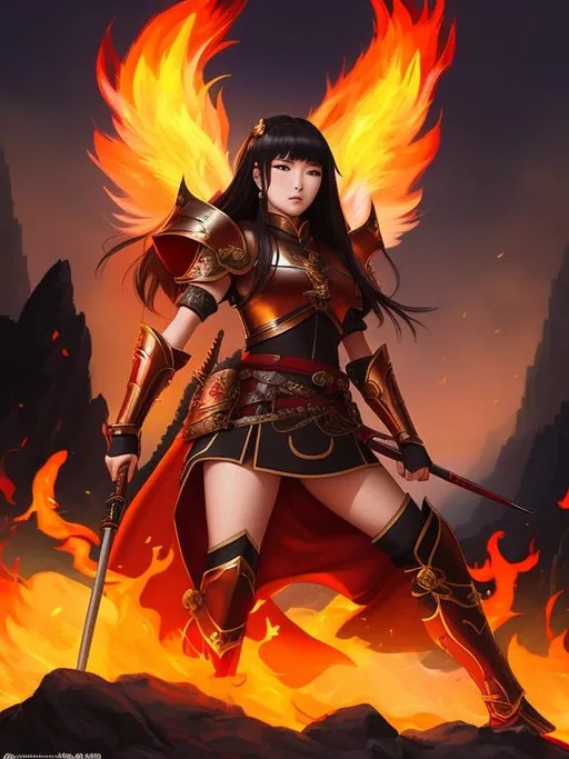 Prompt: Digital style painting, asian warrior woman, cute, epic, fire background, dark fantasy, pose, smokey background, 8k, HD, fur armor, full body, vibrant, high detail, cinematic, fire embers, battle, japanese, mountain, gritty, perfect face, aesthetic, leather armor, long hair, ethereal 