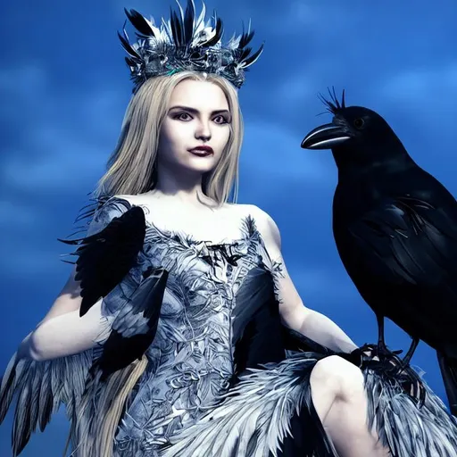 Prompt: Full body, 3D photorealistic rendering, physical photorealism, long silver blonde-haired human queen of the crows wearing feather crown, with black wings. forest background with 3D hype-realistic flying crows