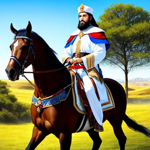 Prompt: A human king wearing white and blue and red medieval Anglo Saxon/ ancient Arabian king's garments. black hair, blue eyes, long black beard. riding a horse in the savannah.