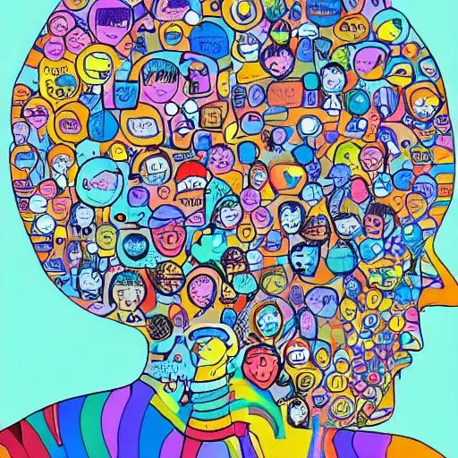 Prompt: Create an illustration that visually represents the concept of self-awareness and existence. Show a person deep in thought, surrounded by thought bubbles or abstract elements symbolizing the mind and consciousness.
