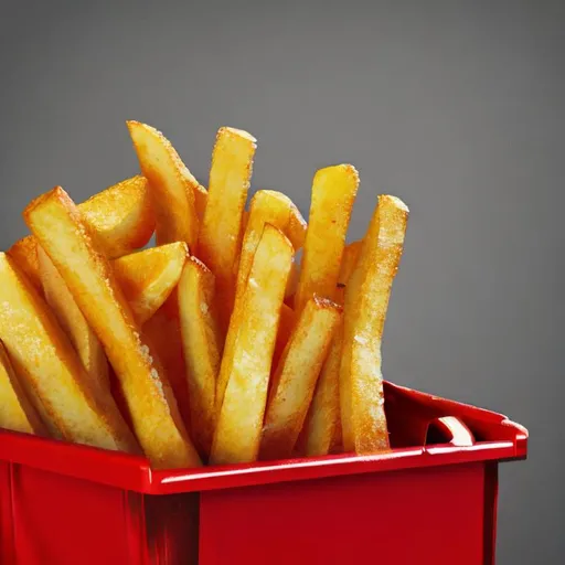 Prompt: Close up photo of french fries in red trash, digital painting, 3D unity rendering, product lighting, vivid colors