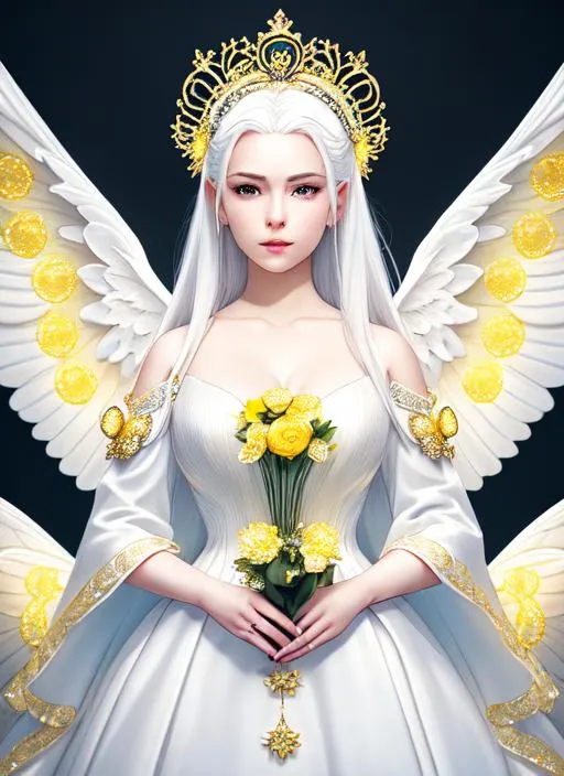 Prompt: Portrait of girl with white hair and with serous face, heaven, perfect composition, hyperrealistic, super detailed, 8k, high quality, trending art, trending on artstation, sharp focus, studio photo, intricate details, highly detailed (((godess))),full body,halo and angle wings  wearing a white dress with yellow highlights and a dimond chock collor