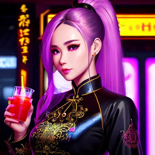 Prompt: UHD, 164k, highly detailed face, full body panned out view, anime cyberpunk lady bartender, vietnam ao dai, dimly lit neon bar, dark violet ponytail, ilya kuvshinov, mixing drinks, hyperdetailed large blonde hair, masterpiece, hyperdetailed full body, hyperdetailed feminine attractive face and nose, complete body view, ((hyperdetailed eyes)), perfect body, perfect anatomy, beautifully detailed face, alluring smile