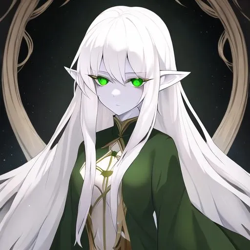 Prompt: female ghost (long white hair, pale skin, green eyes, elf ears)