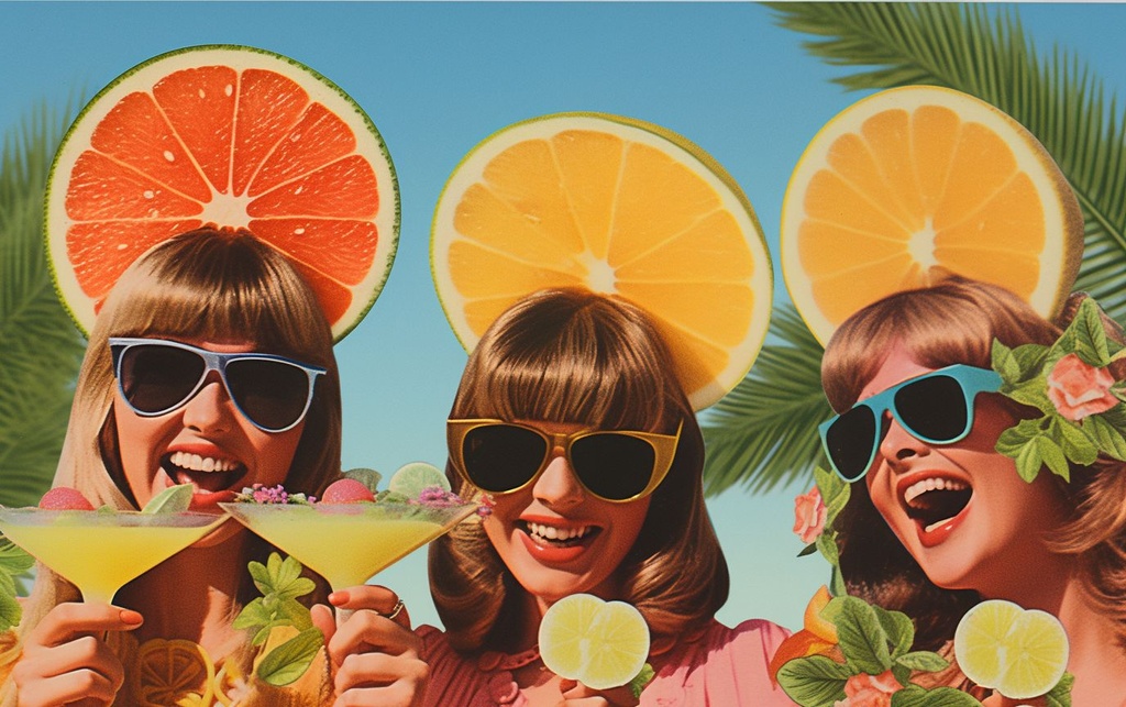 Prompt: summer vibes, 1970s holliday postcard