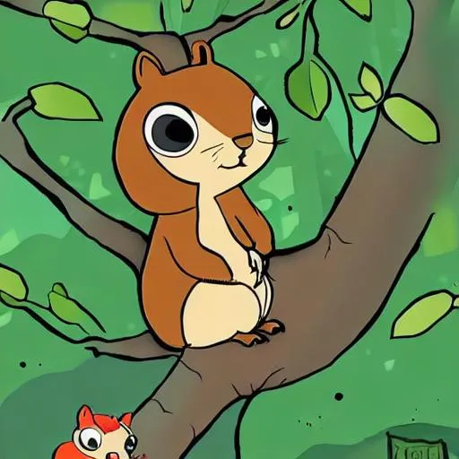 Prompt: Once upon a time, in a beautiful forest, there lived a little squirrel named Squeaky. Squeaky loved nothing more than to climb trees and nibble on acorns, but he was also known for his love of mischief. Make it cartoon style and kid friendly.