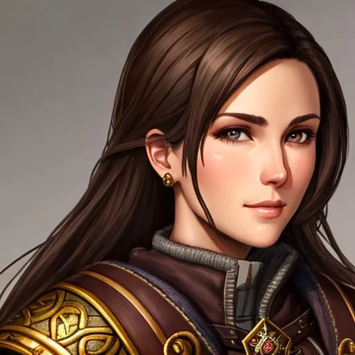 Prompt: Portrait of a female baldur's gate player character with dark brown hair and dark brown eyes