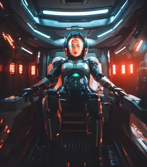 Prompt: a spaceship pilot in a latex suit with robotic limbs, laying down in a pod, in a cyberpunk setting, cyborg, implants, high details, realistic, photorealism, 8k