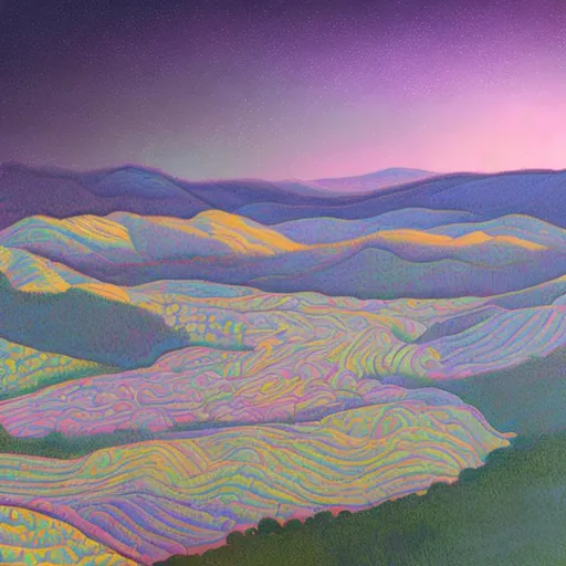 Prompt: Starlight over a meandering valley in pastel