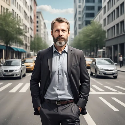 Prompt: Create a realistic full-length picture of a person with the following characteristics: 45-year-old man, typical mid-level manager, short fair hair, sporty, has a beard, Lithuanian, dressed in daily office casual, loves traveling, has an urban busy street with high-rising buildings and  his own car in the background. 