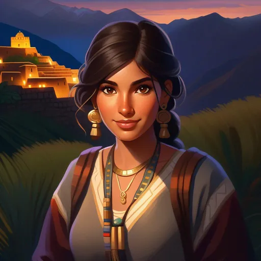 Prompt: Third person, gameplay, Peruvian girl, olive skin, brown hair, brown eyes, 2020s, Cuzco at night, Machu Pichu in the background, warm atmosphere, cartoony style, extremely detailed painting by Greg Rutkowski and by Henry Justice Ford and by Steve Henderson 
