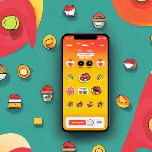 Prompt: create a user interface for an application of food delivery, displayed on iPhone 13max pro, using pop art and simple wordings, funky pattern on background with studio lights 