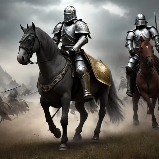 Prompt: medieval male fighting knight on horse photorealistic in battle