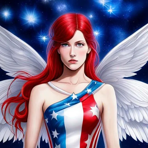 Prompt: fairy goddess of the 4th of July u,s, patriotic, dreamscape, vivid colors of red, fwhite and blue ,closeup