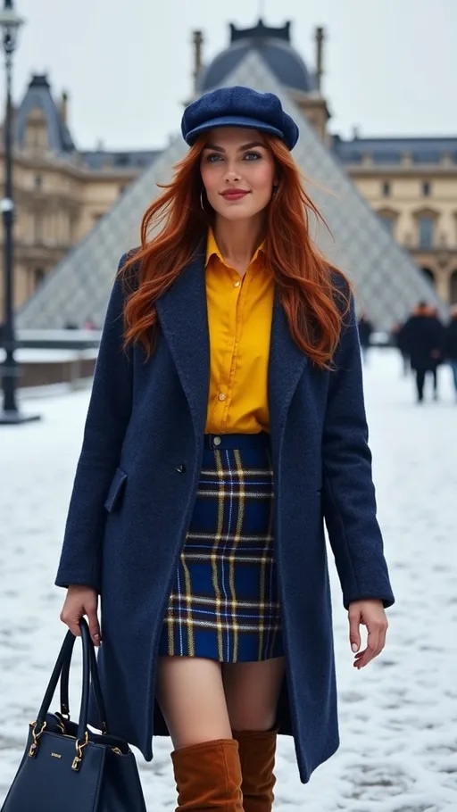 Prompt: (Stunning olive-skin French woman), walking on a (crisp winter day) in (Paris), with (The Louvre Pyramid) in the background, showcasing her elegant charm and beauty, warm friendly smile, (silky auburn-cinnamon hair), wearing a chic (blue French beret), fashionable outfit with a (blue & yellow tweed coat), bright (yellow blouse), stylish (blue plaid above the knee skirt), and (tall brown suede boots), navy purse, featuring curvy figure, captured in (photorealistic 8k), emphasizing (high detail & quality). The ambiance is (charming) and (elegant).