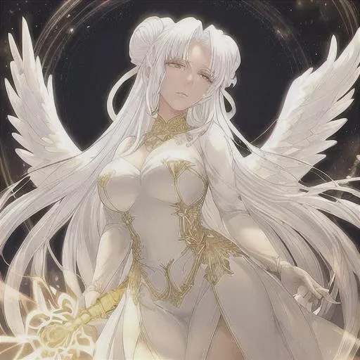 Prompt: a beautiful woman with white hair, and lights on her body which is gold. with white angel like wings, and golden white clothing which is fancy. in a flower garden. a golden aura around her, and fluffy hair. with a fancy and glorious weapon in her hand. with her are in a cobra bun, with fancy accessories 