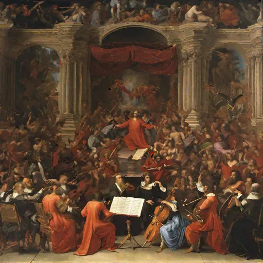 Prompt: painting of "God conducting the orchestra playing a private symphony to the Devil on a throne in the center of the stage" in renaissance style