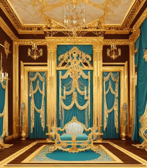 Prompt: A 3D render of a teal rococo royal court, with a large, ornately decorated throne room in the center. The walls are covered in intricate gold leaf patterns, and the floor is made of polished marble. The throne is made of dark wood and is decorated with gold and jewels. The room is filled with people in elaborate costumes, and there is a sense of luxury and opulence.