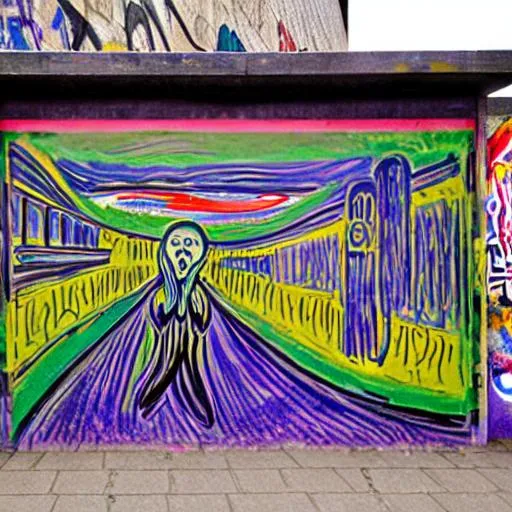 Prompt: Edvard Munch's The scream but it is set at a theme park and in graffiti style with two point perspectives
