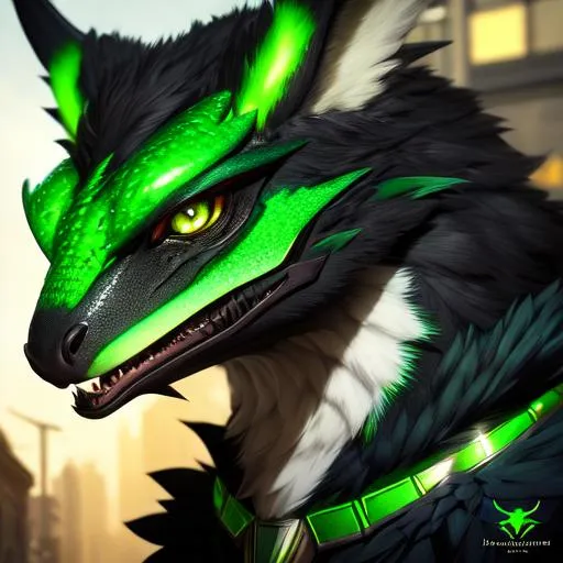 Prompt: Portrait of an anthro wyvern with striking green fur and iridescent black markings and a cute face, liminal space streets, perfect composition, hyperrealistic, super detailed, 8k, high quality, trending art, trending on artstation, sharp focus, studio photo, intricate details, highly detailed, by greg rutkowski