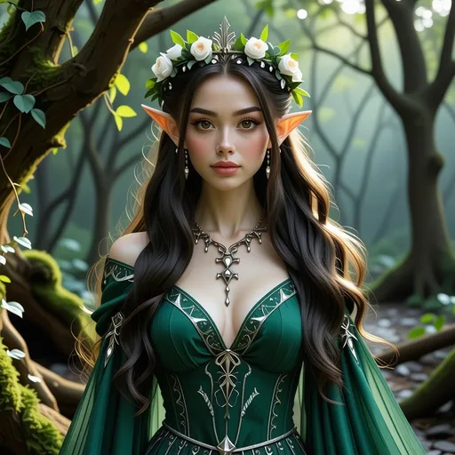 Prompt: Adult slim female elf royalty, graceful posture, ethereal elegance, adorned in intricate silver and emerald robes, wearing a delicate crown, long flowing hair adorned with flowers, serene expression, surrounded by enchanted forest backdrop, magical soft lighting highlighting her features, enchanting atmosphere, mystical aura, ultra-detailed, high quality.